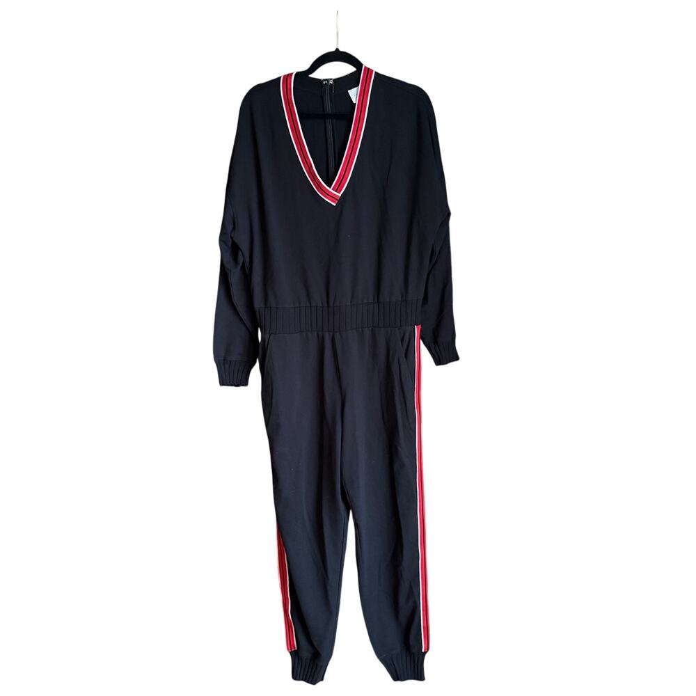 We Are Sundays Knit Long Sleeve V-Neck Jumpsuit Sz L Black Red Preppy Minimal